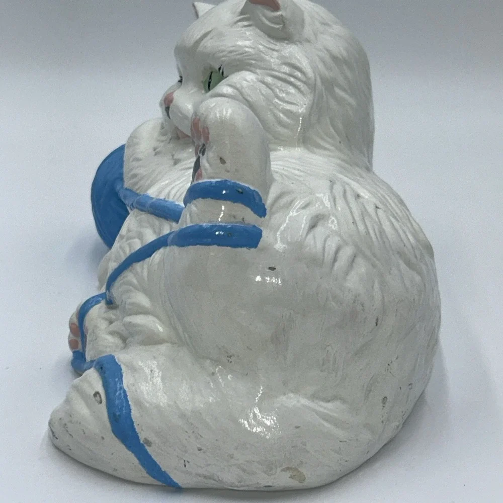 Vintage White Persian Ceramic Cat Statue Kitty Figurine Green Eyes, Playing Yarn